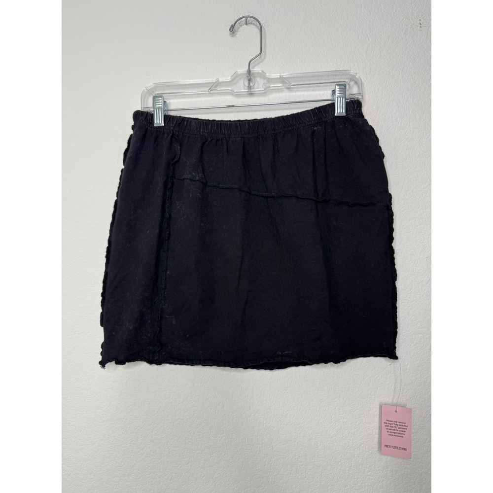 NWT PrettyLittleThing Shape Black Washed Cotton Seam Lettuce Hem Skirt Size 14